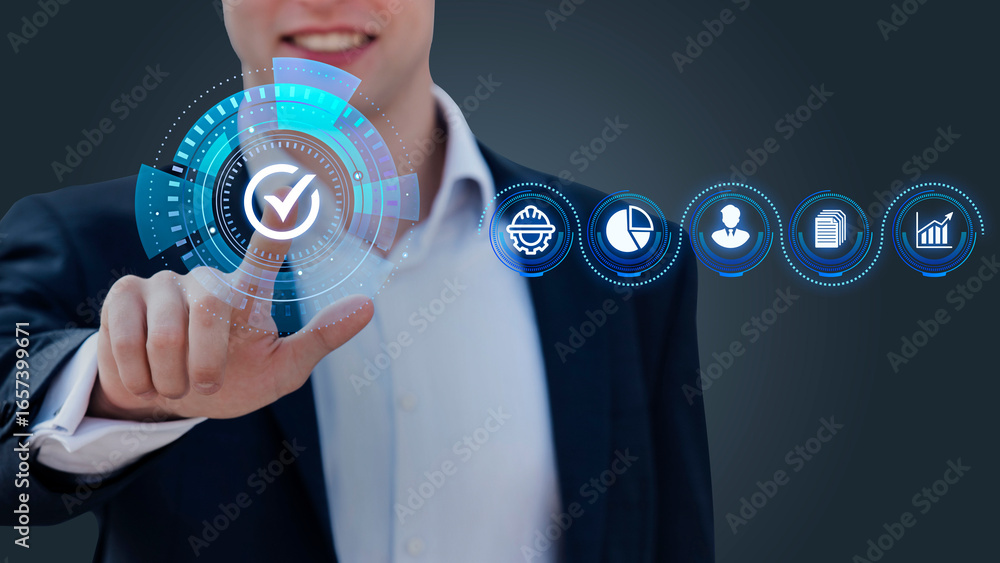 Aufkleber man's finger touching a futuristic interface with a checkmark, symbolizing success and progress