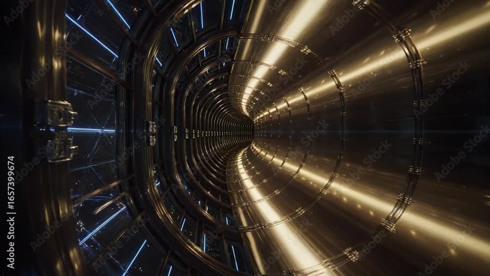 Poster Futuristic tunnel featuring metallic and glass elements with vibrant lights, creating sense of depth and motion in sci fi space corridor setting