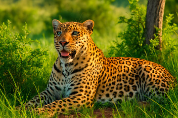 Obraz premium Majestic leopard resting on green grass in sunlight