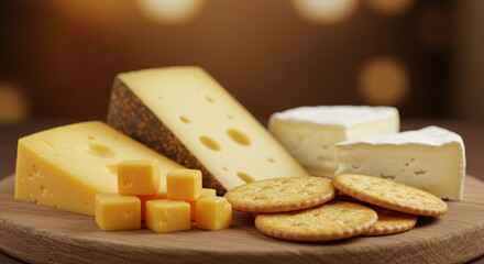 Cheese Platter Delight: Assorted Cheeses and Crackers on Wooden Board, Warm Lighting