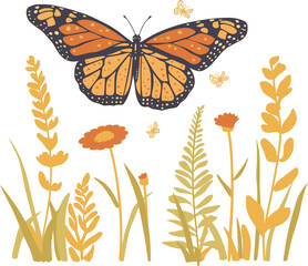 Monarch Butterfly Flying Over Wildflowers Vector
