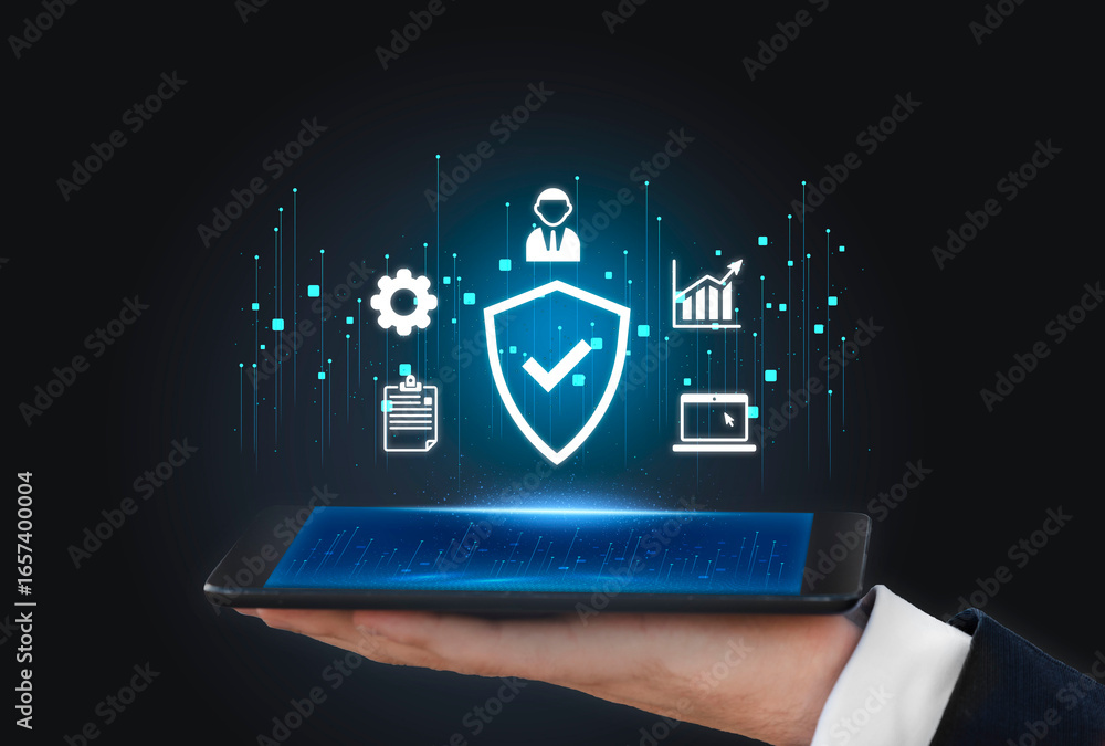 Aufkleber digital shield with checkmark symbolizing secure data protection and business analytics