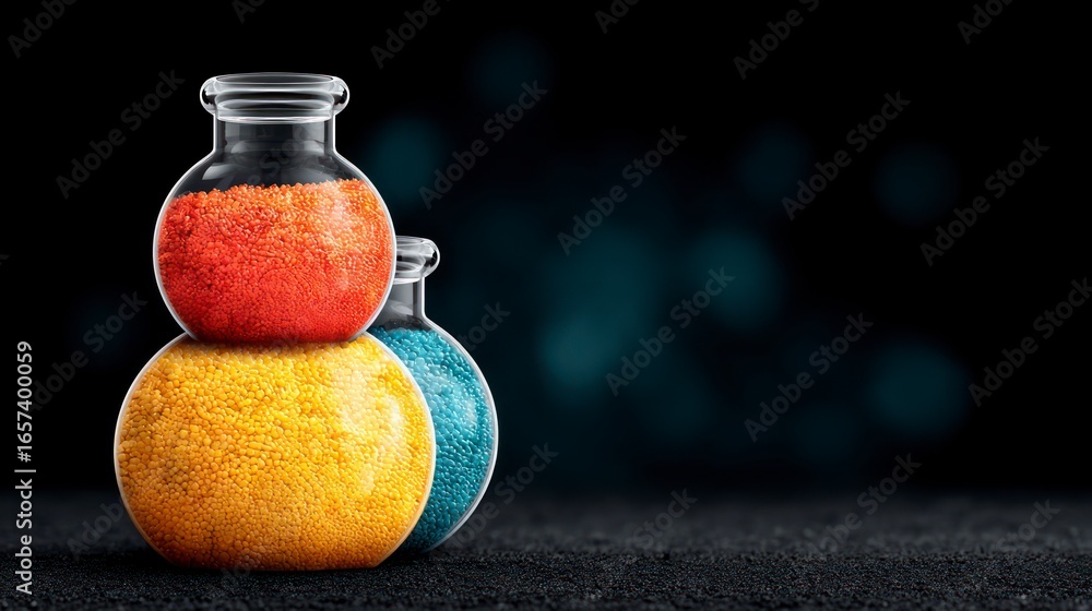 Poster three round glass flasks containing colored granular material stacked and placed on a dark textured 