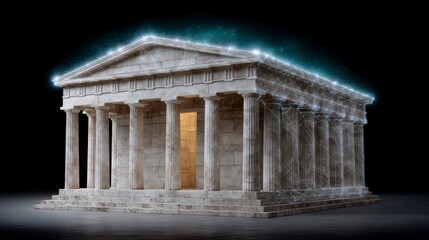 Obraz premium Ancient stone temple with glowing geometric network overlay against a dark background