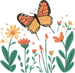 Monarch Butterfly Flying Over Wildflowers Vector