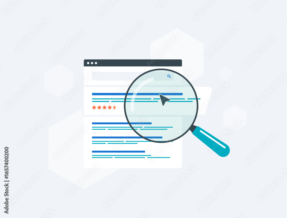Poster Snippets with SEO ranking, search results and star ratings highlighting website visibility, digital strategy and online performance for business promotion. Review snippets vector illustration