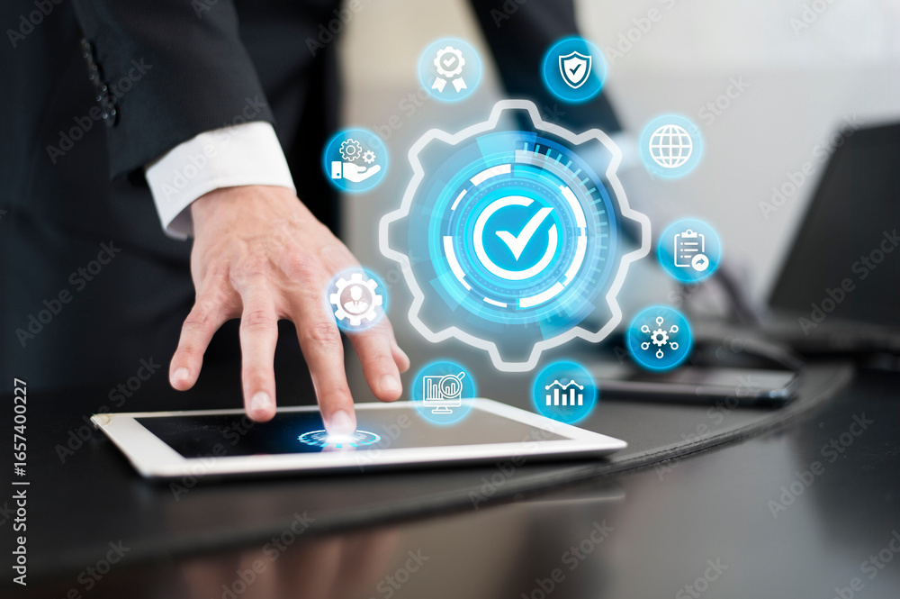 Aufkleber businessman interacting with digital interface for workflow optimization and process management