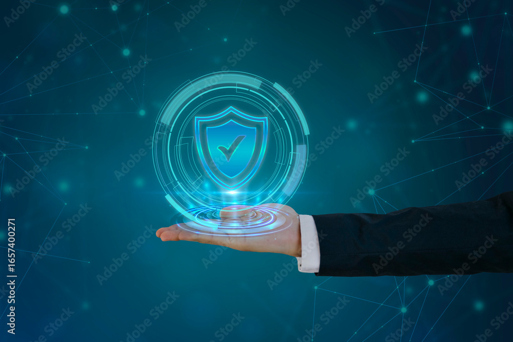 Poster hand presenting a glowing digital shield with a checkmark, symbolizing data security and protection.