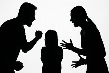 Silhouette of parents arguing with child covering ears, family conflict concept showing domestic stress emotional trauma and unhealthy communication for psychology counseling awareness parenting probl