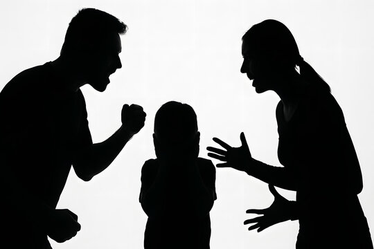 Silhouette of parents arguing with child covering ears, family conflict concept showing domestic stress emotional trauma and unhealthy communication for psychology counseling awareness parenting probl