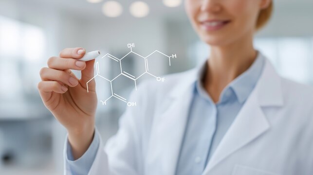 A scientist in a lab coat writes a complex molecular formula on a transparent screen with a digital pen. The futuristic research scene symbolizes innovation, chemistry, and biotechnology in modern lab