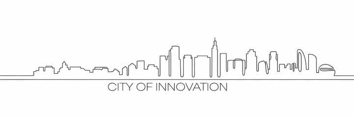 Continuous Single Line Drawing of a Modern City Skyline Banner