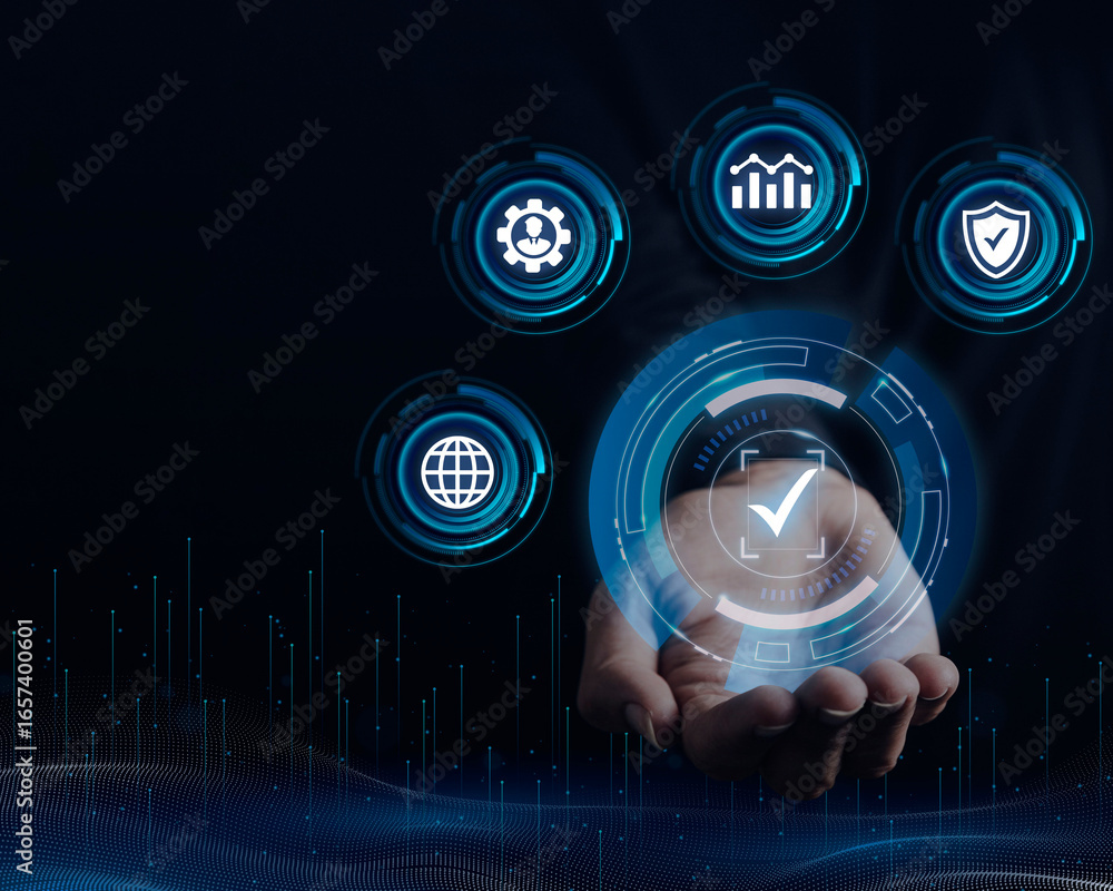 Poster digital security and quality assurance represented by glowing icons and a hand.