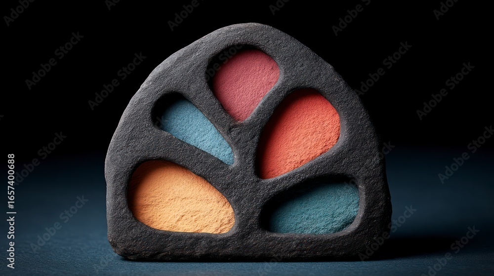 Aufkleber rough textured stone object with multiple colored powder compartments against a dark background