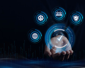 Digital security and quality assurance represented by glowing icons and a hand.