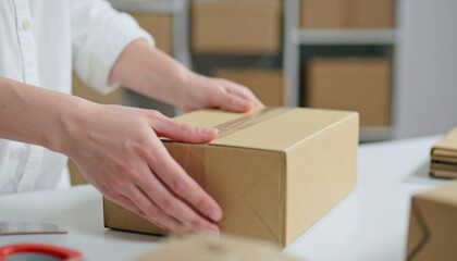 Person sealing a cardboard box on a white table in a warehouse, preparing it for shipping with careful attention to detail and a focus on secure packaging.