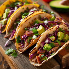 A vibrant display of Mexican street tacos with pork, avocado, and red cabbage on a rustic wooden surface.