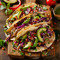 A vibrant display of Mexican street tacos with pork, avocado, and red cabbage on a rustic wooden surface.