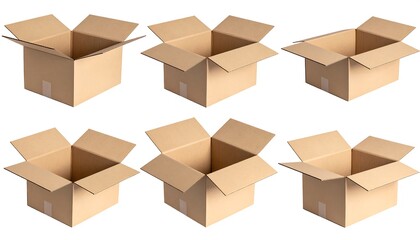 Fototapeta premium Six open cardboard boxes, various angles, white background
