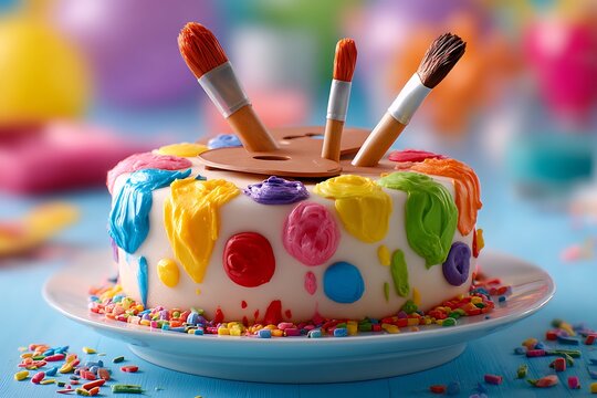 Delicious artist cake with vibrant colors and playful decoration perfect for birthday celebration or creative party invitations and delightful studio event