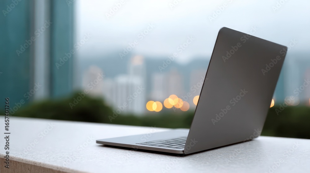 Poster gray laptop computer open on a textured surface with blurred cityscape bokeh lights in background