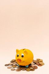 Cheerful yellow piggy bank surrounded by scattered coins, symbolizing saving and financial growth.
