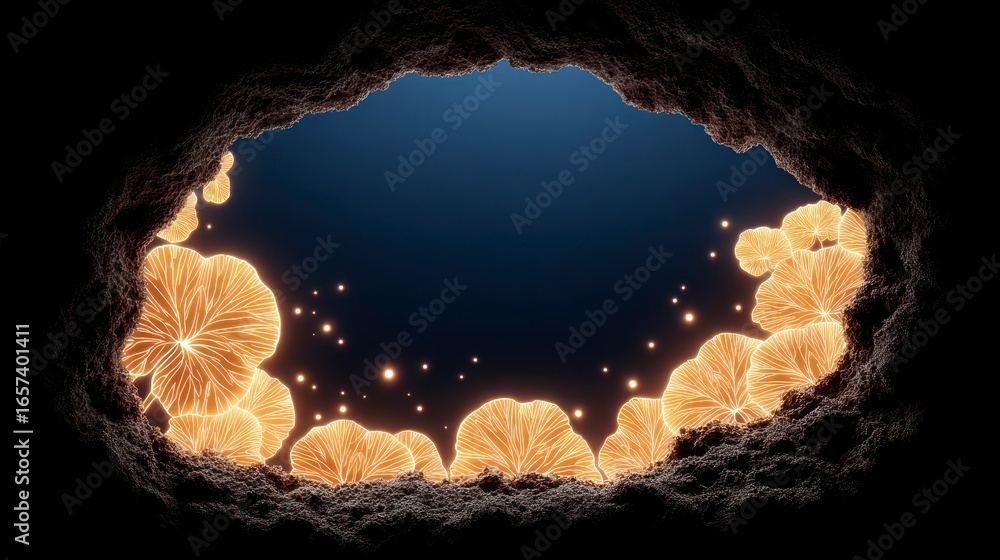 Poster glowing luminous mushrooms with intricate patterns and sparkling lights inside a dark cavern