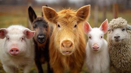 Fototapeta premium Adorable farm animals including pigs, cow, and sheep gather closely, showcasing a heartwarming rural scene.