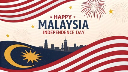 Happy malaysia independence day celebration with national flag and city skyline