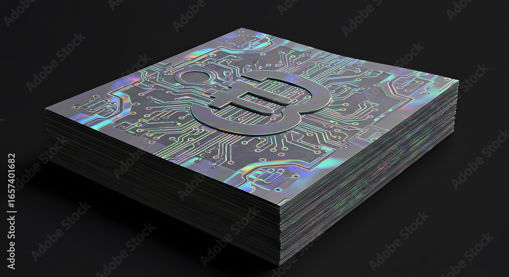 Poster stack of technology cards featuring a symbol embossed with holographic circuitry against a solid bla