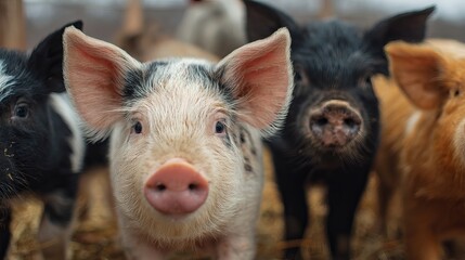Curious piglets with expressive faces gather close on a farm, a heartwarming scene of innocence and rural life.