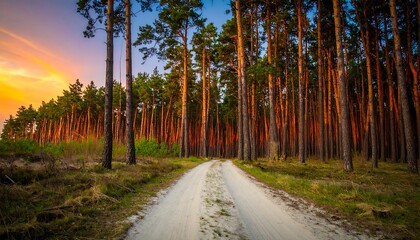 Obraz premium A scenic forest path at sunset