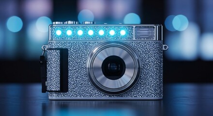 Sparkling vintage camera with glowing blue lights on dark background