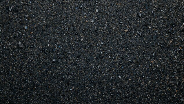 Dark gray asphalt surface with small stones and pebbles texture