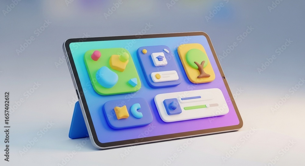 Aufkleber modern tablet displaying colorful, playful app icons with a digital learning concept, isolated on a 