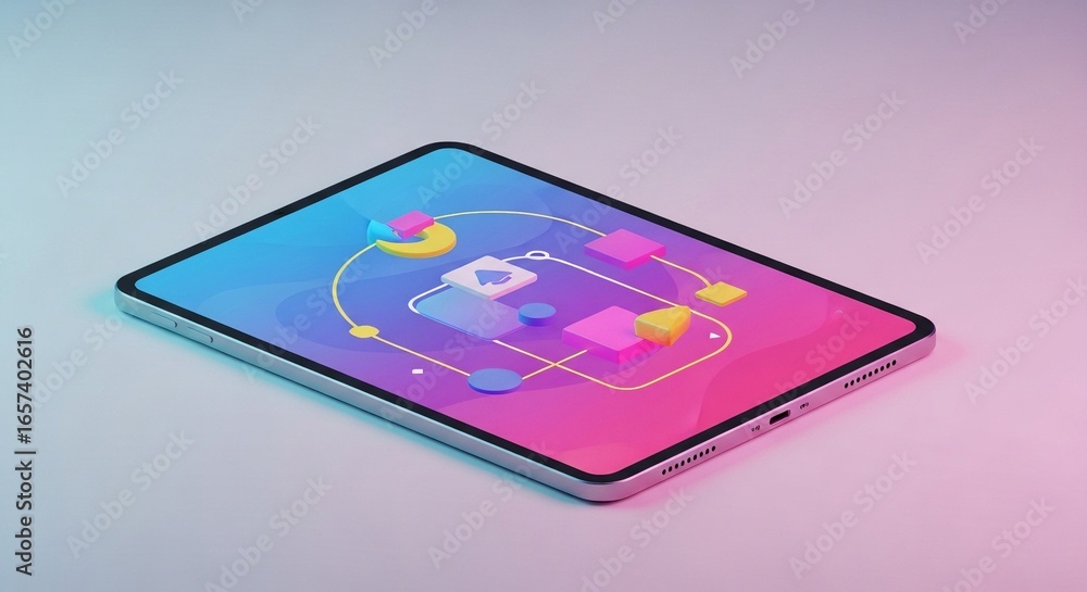 Fototapete isometric tablet displaying colorful digital interface with interconnected nodes, symbolizing data f