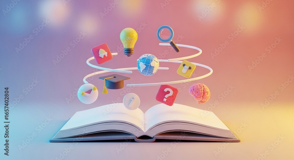 Aufkleber an open book with 3d educational icons and abstract concepts floating above, representing learning, 