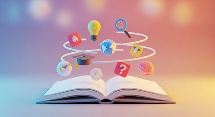 An open book with 3D educational icons and abstract concepts floating above, representing learning, knowledge, and ideas.
