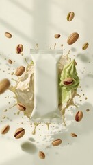 Pistachios exploding into creamy liquid splash with matcha powder