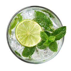 Top-down view of a refreshing cocktail.  Lime wedge and fresh mint garnish atop ice-filled glass