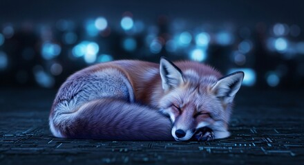Peaceful fox sleeping in a modern, dark, bokeh lit environment