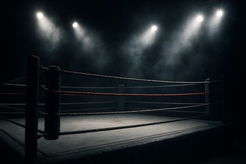 Dramatic view showcases an empty boxing ring illuminated by bright spotlights in smoky atmosphere.