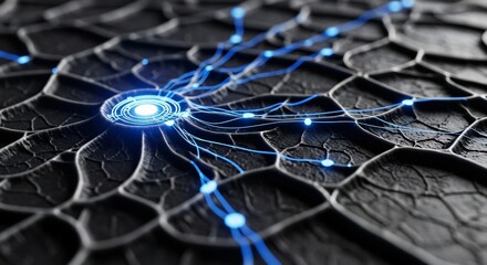 Dynamic neural network with glowing blue connections and central node