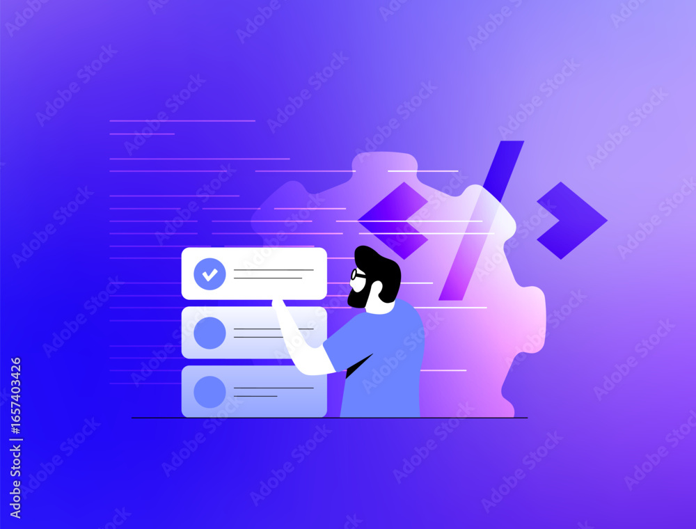 Aufkleber workflow illustration showing bearded man interacting with digital task lists and gear symbol. workf