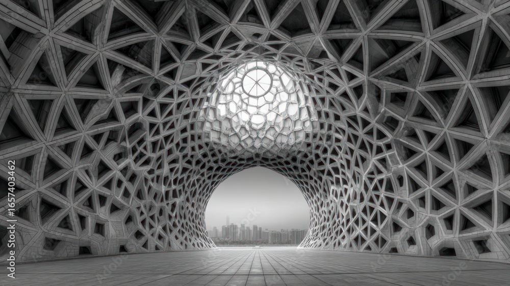 Poster modern architectural shell with geodesic pattern opening to cityscape architecture