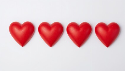 Obraz premium Four red hearts on a white background in a row