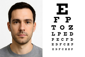 Man facing eye chart for vision test, ophthalmology examination concept showing eyesight screening assessment in clinic, optometrist diagnostic check for visual clarity evaluation and medical eye heal