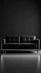 Sleek black leather sofa against dark wall, minimalist setting