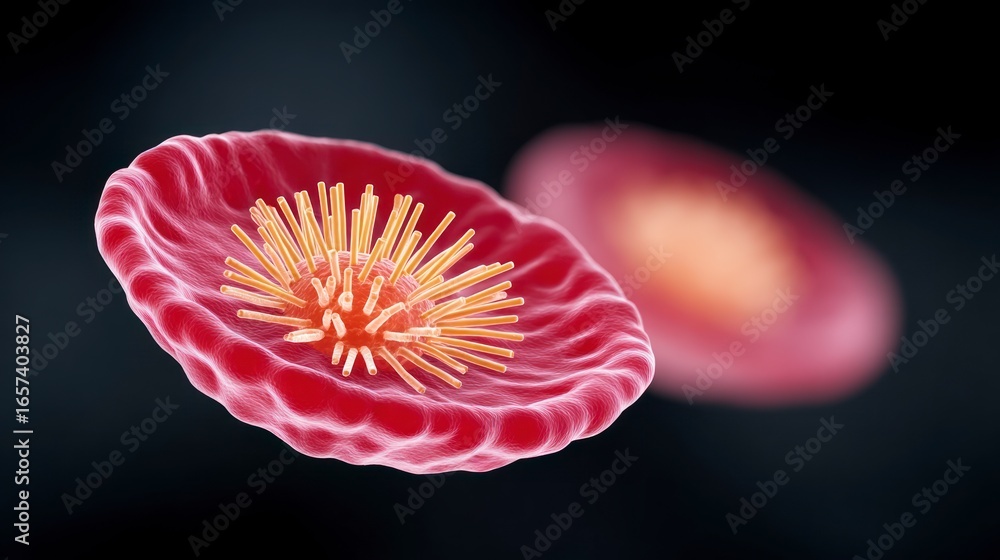 Poster microscopic view of a red blood cell with a virus attached with another blurred cell in background