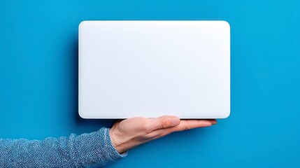 Naklejka premium Hand holding a closed white laptop against a solid blue background technology